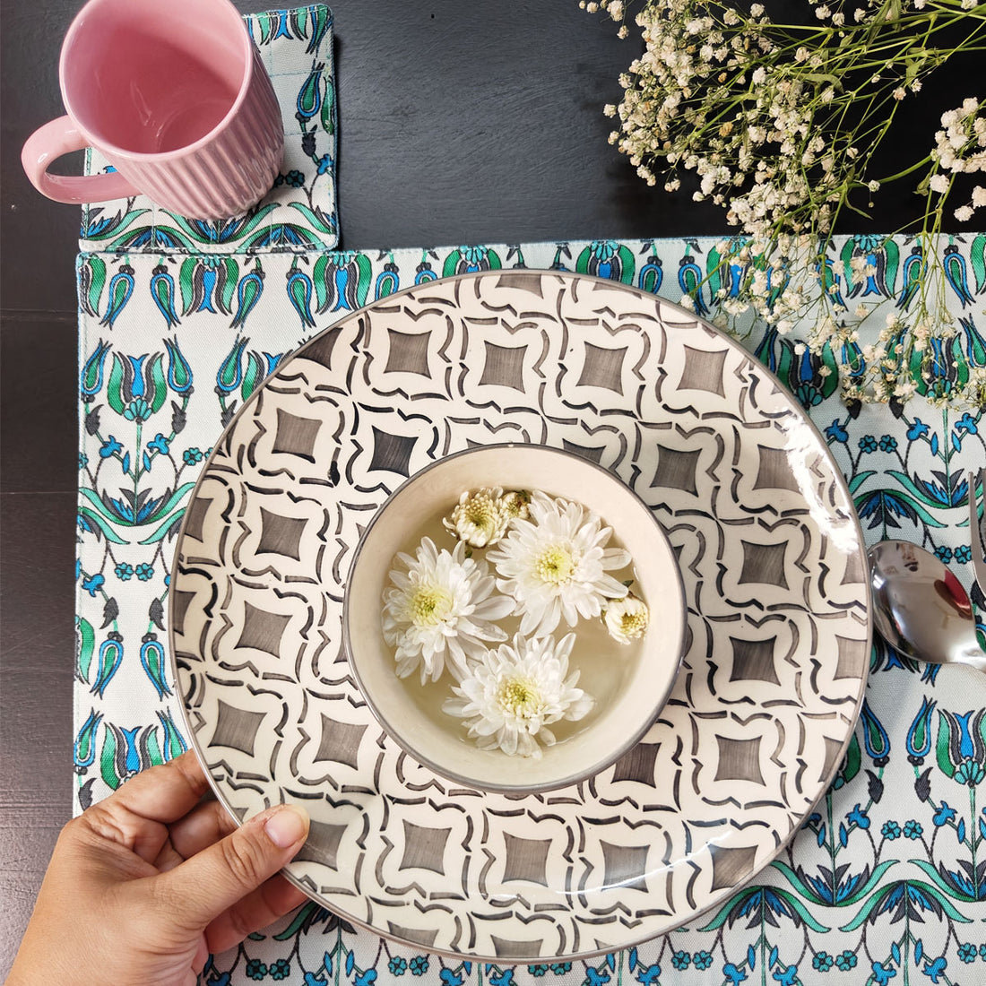 Table Mat-Coaster Set- Sea Green Persian