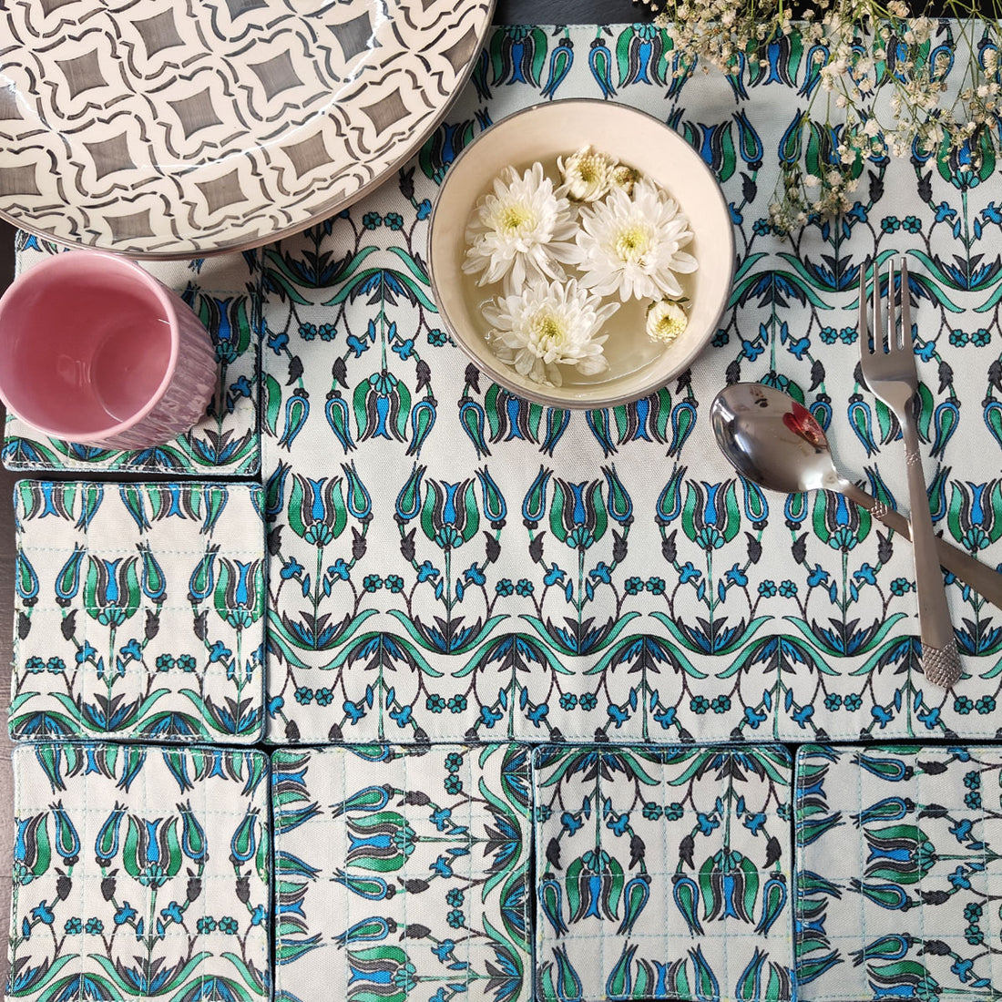 Table Mat-Coaster Set- Sea Green Persian