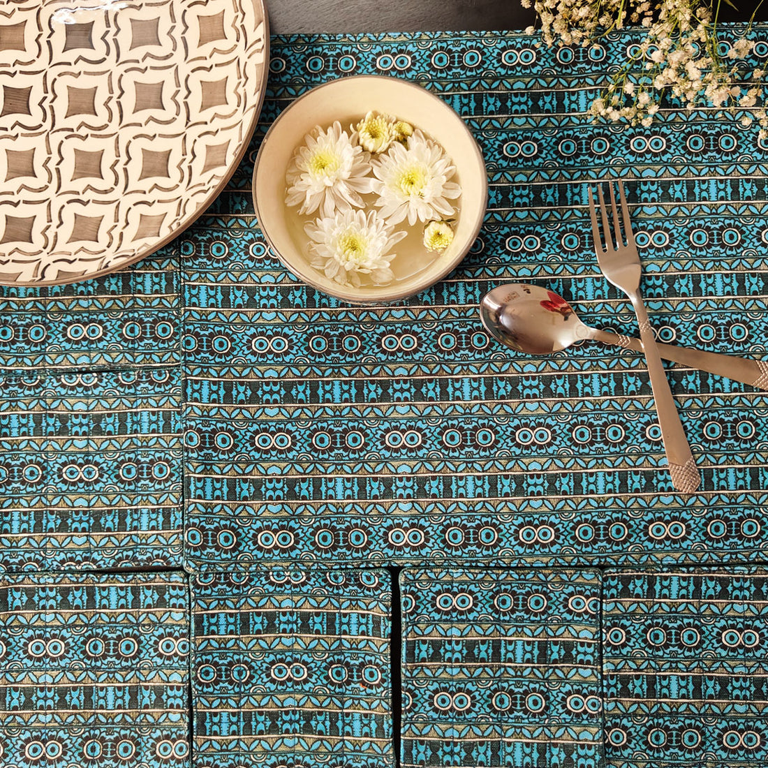 Table Mat-Coaster Set- Teal Aztec