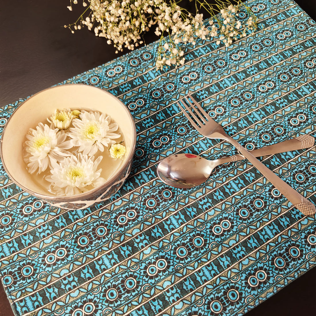 Table Mat-Coaster Set- Teal Aztec