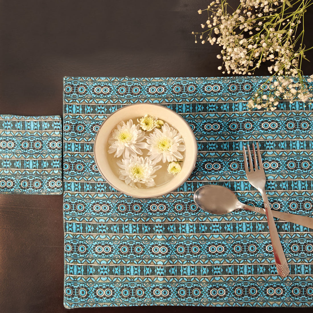 Table Mat-Coaster Set- Teal Aztec
