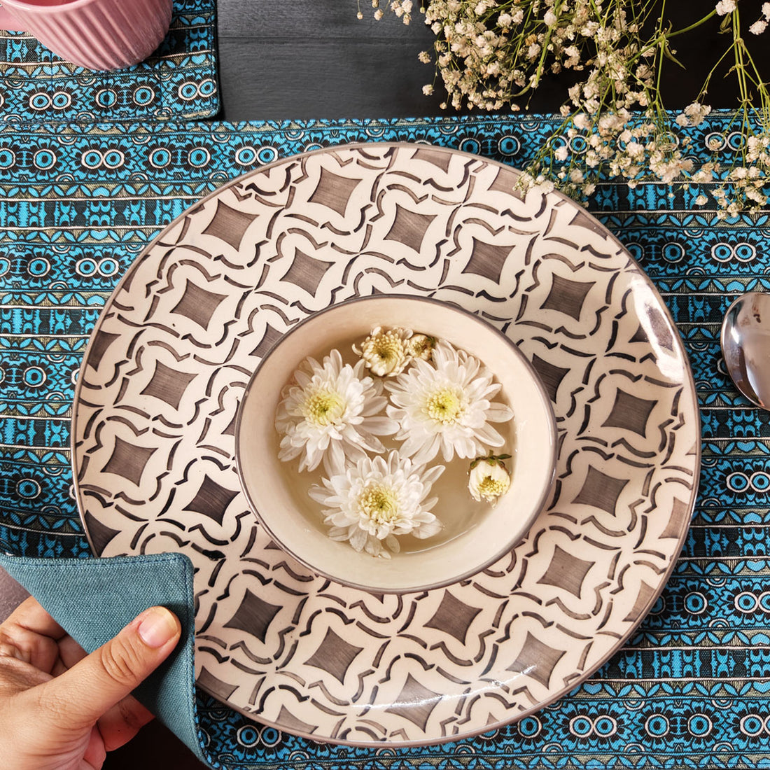 Table Mat-Coaster Set- Teal Aztec