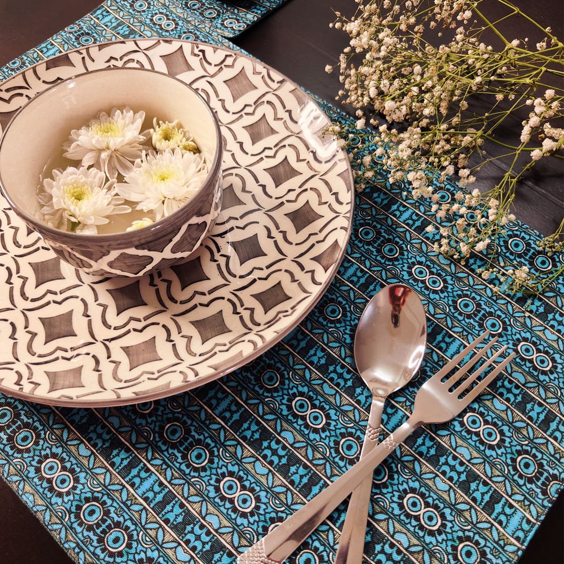 Table Mat-Coaster Set- Teal Aztec