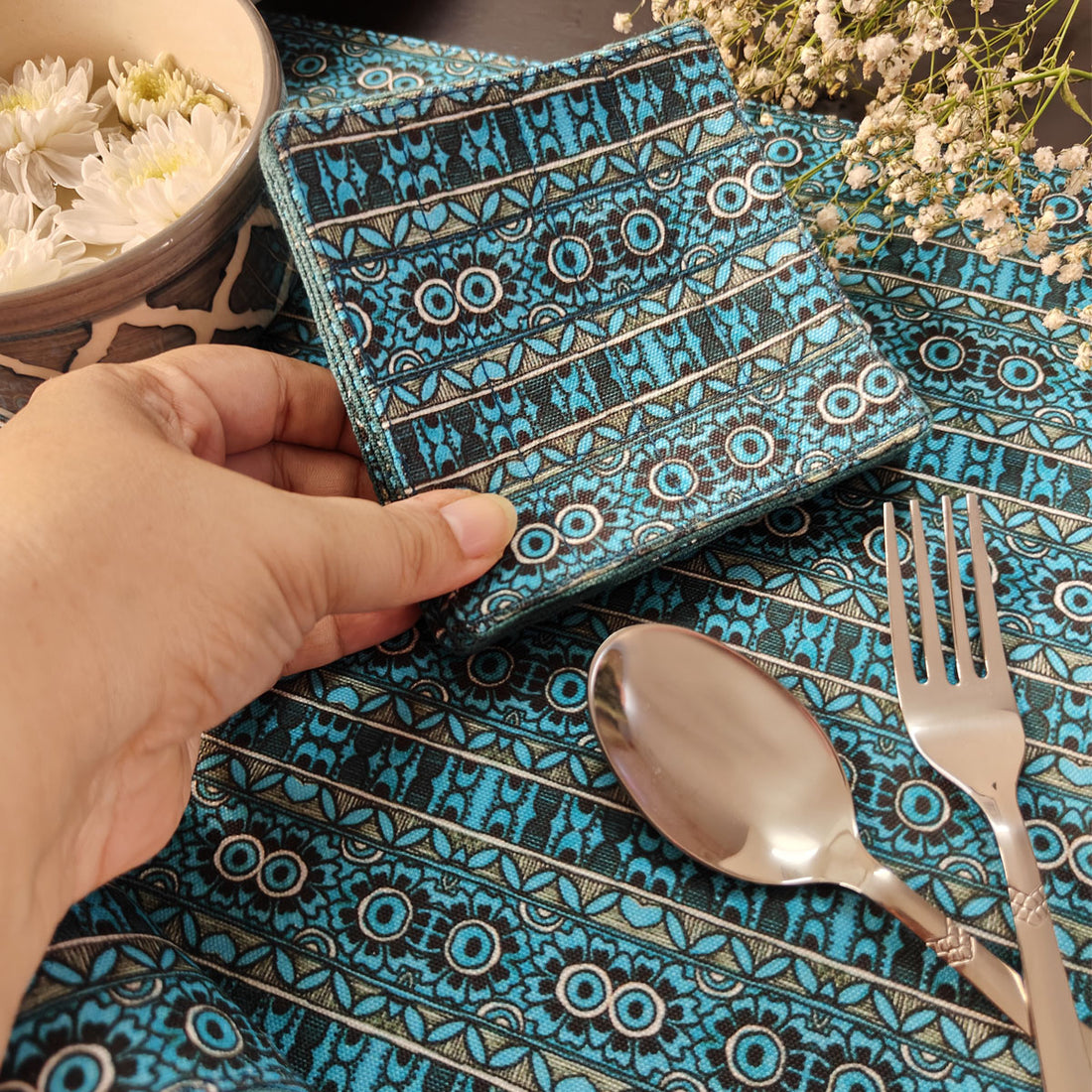 Table Mat-Coaster Set- Teal Aztec