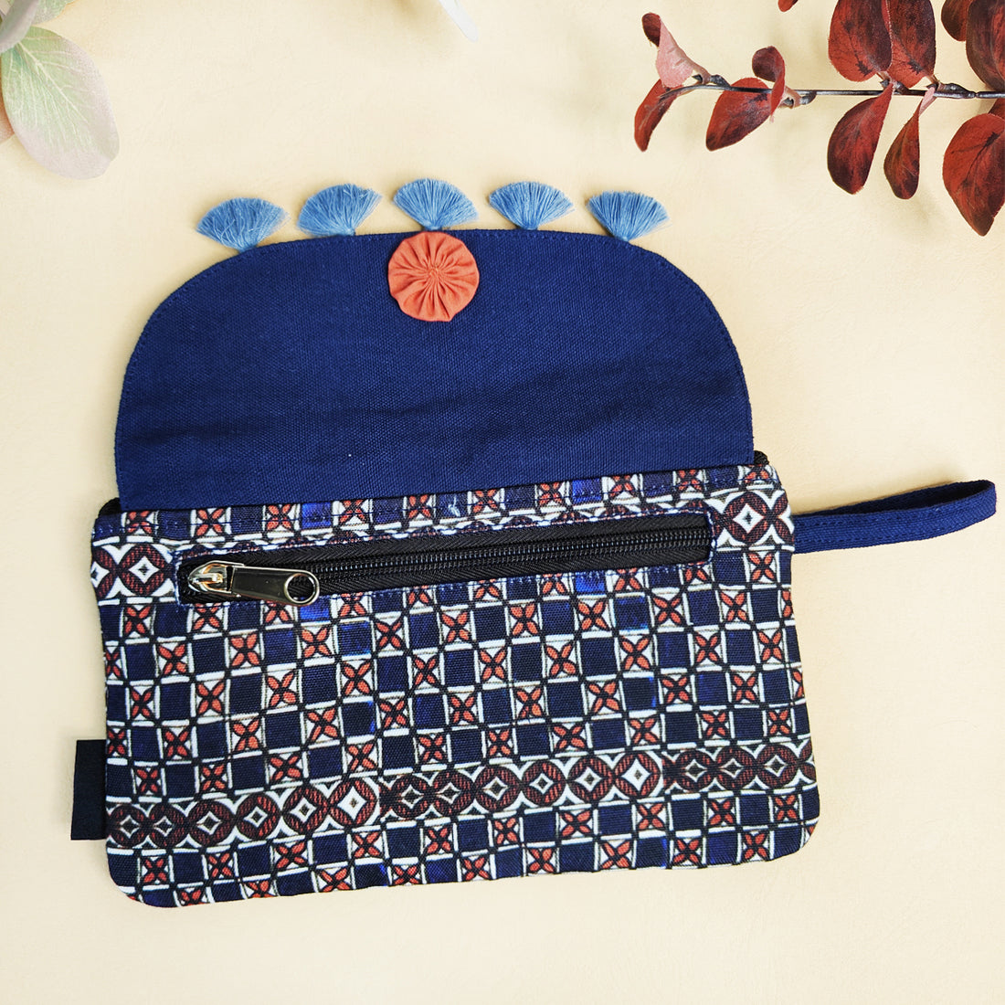 Tassel Wallet/Coin Pouch Combo-Blue Checks Madhubani