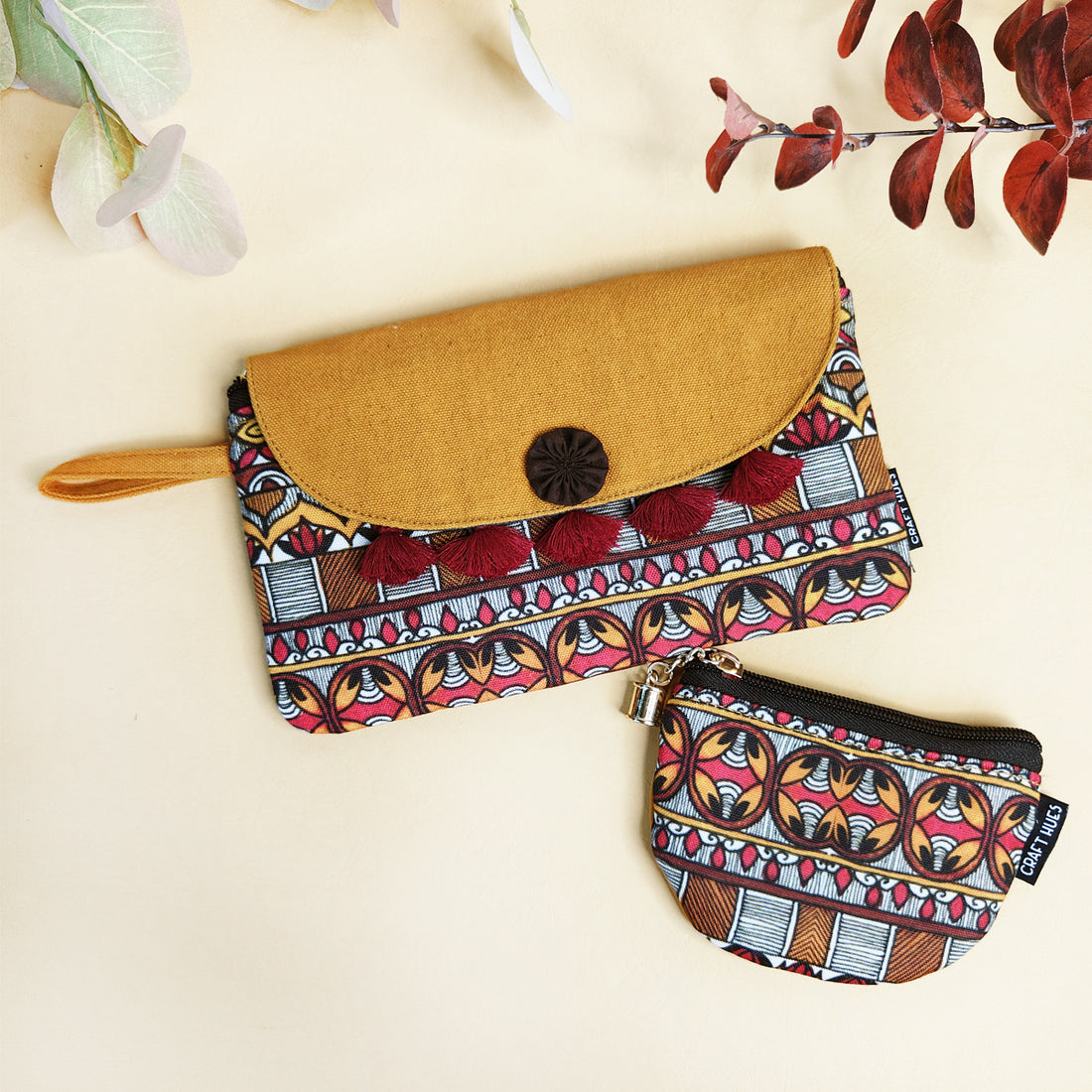 Tassel Wallet/Coin Pouch Combo-Mustard Madhubani