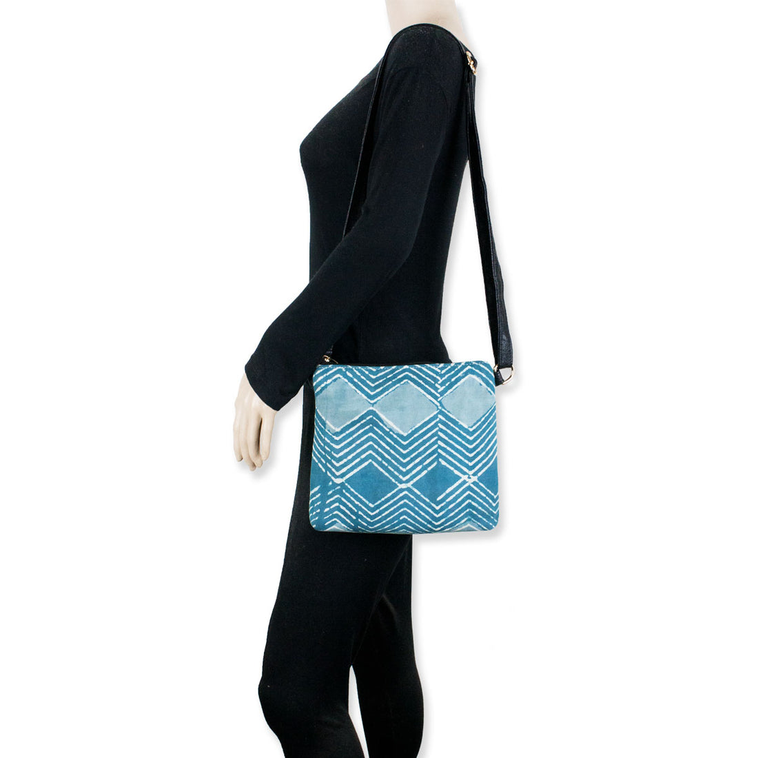 Block-Printed Blue Zig-zag Sling Bag