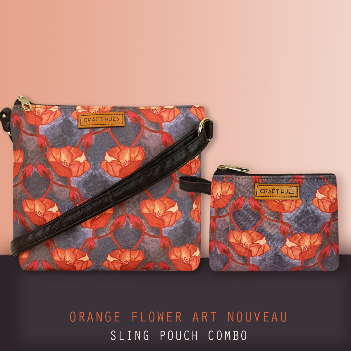 Orange Flower Art Nouveau Sling Pouch Combo