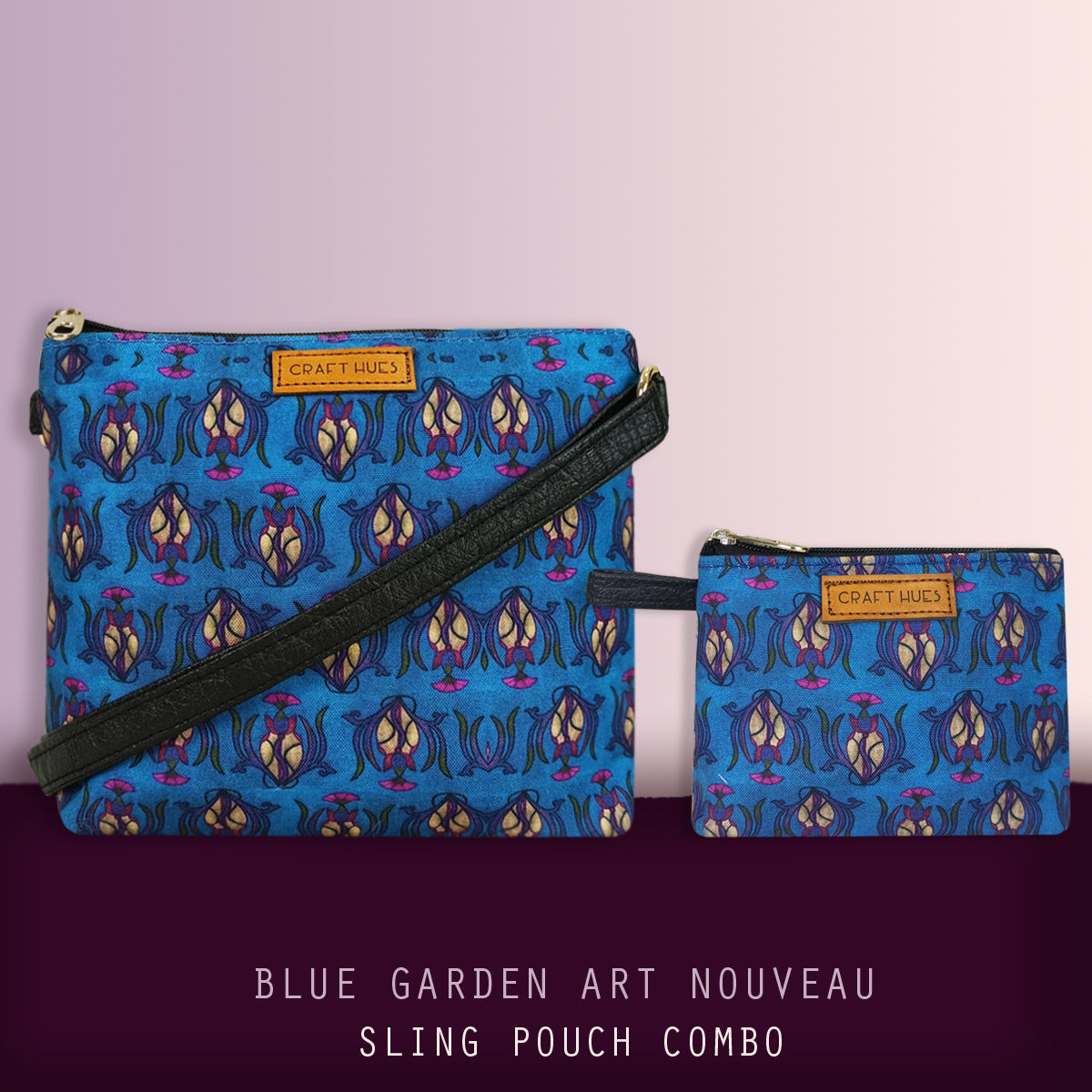 Blue Garden Tulip Art Nouveau Sling Pouch Combo