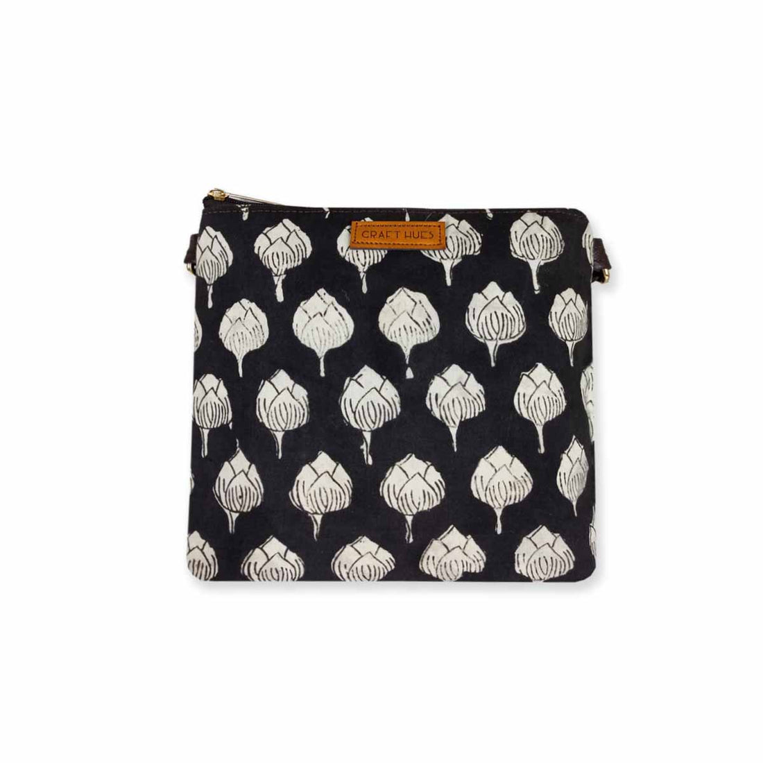 Block-Printed White Lotus Sling Bag