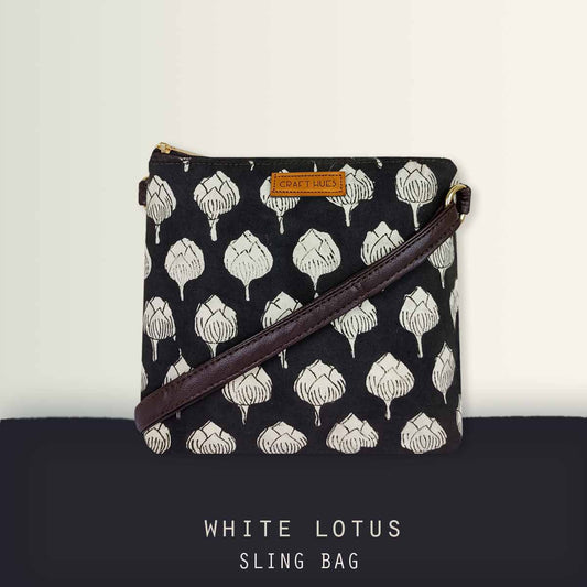 Block-Printed White Lotus Sling Bag