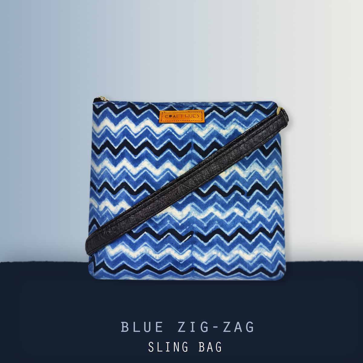 Block-Printed Blue Zig-zag Sling Bag