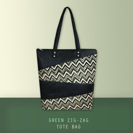 Green Zig-Zag Block Printed Tote Bag