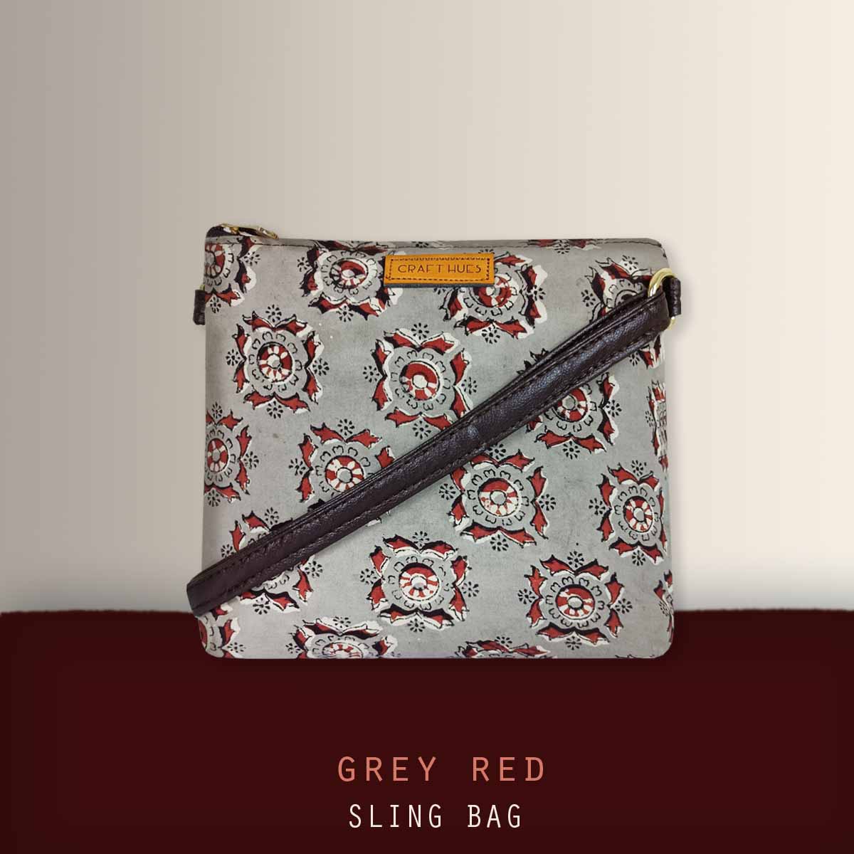 Block-Printed Grey Red Sling Bag