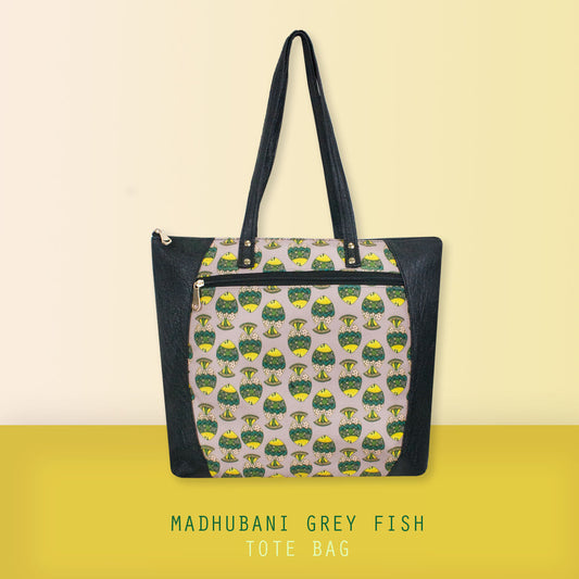 Madhubani Grey Fish Tote Bag