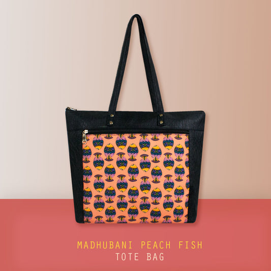 Madhubani Peach Fish Tote Bag