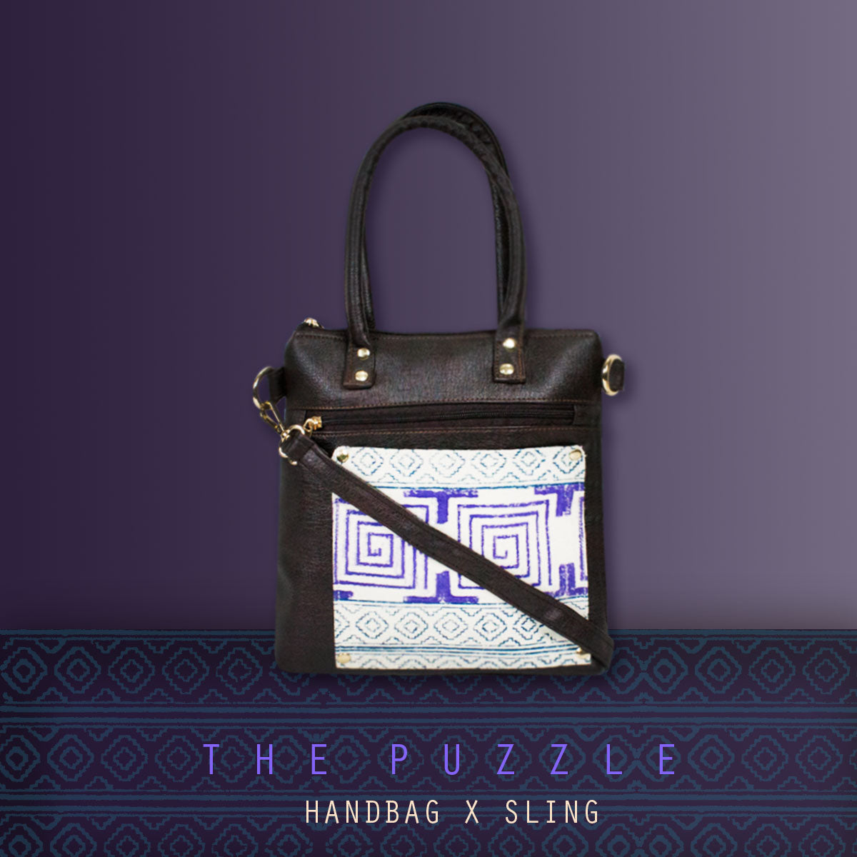 Block-Printed Puzzle Handbag with Sling