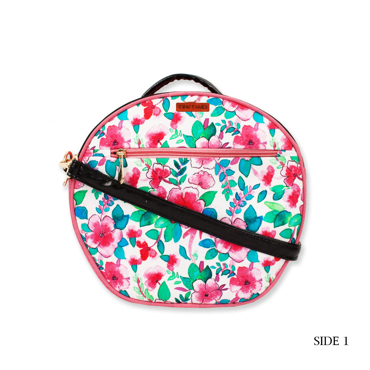 Pink Flower Double Side Print Box Sling Bag