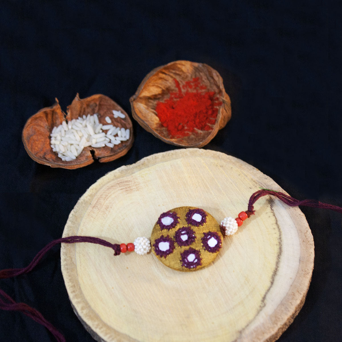 Hand-made Mirror Rakhi- Mustard maroon