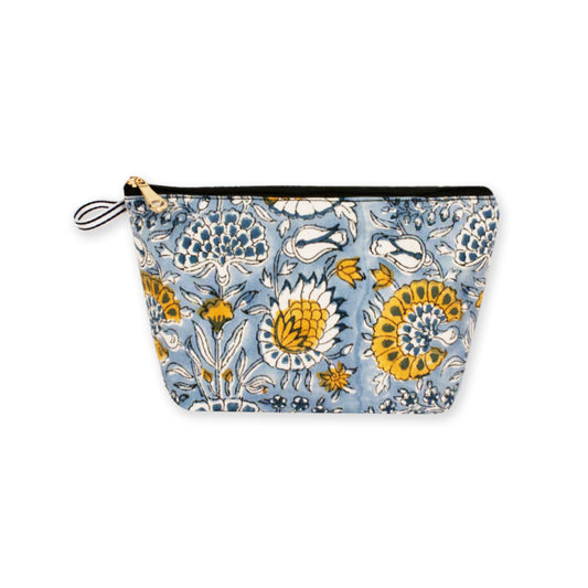Yellow Blue floral Block Printed Pouch