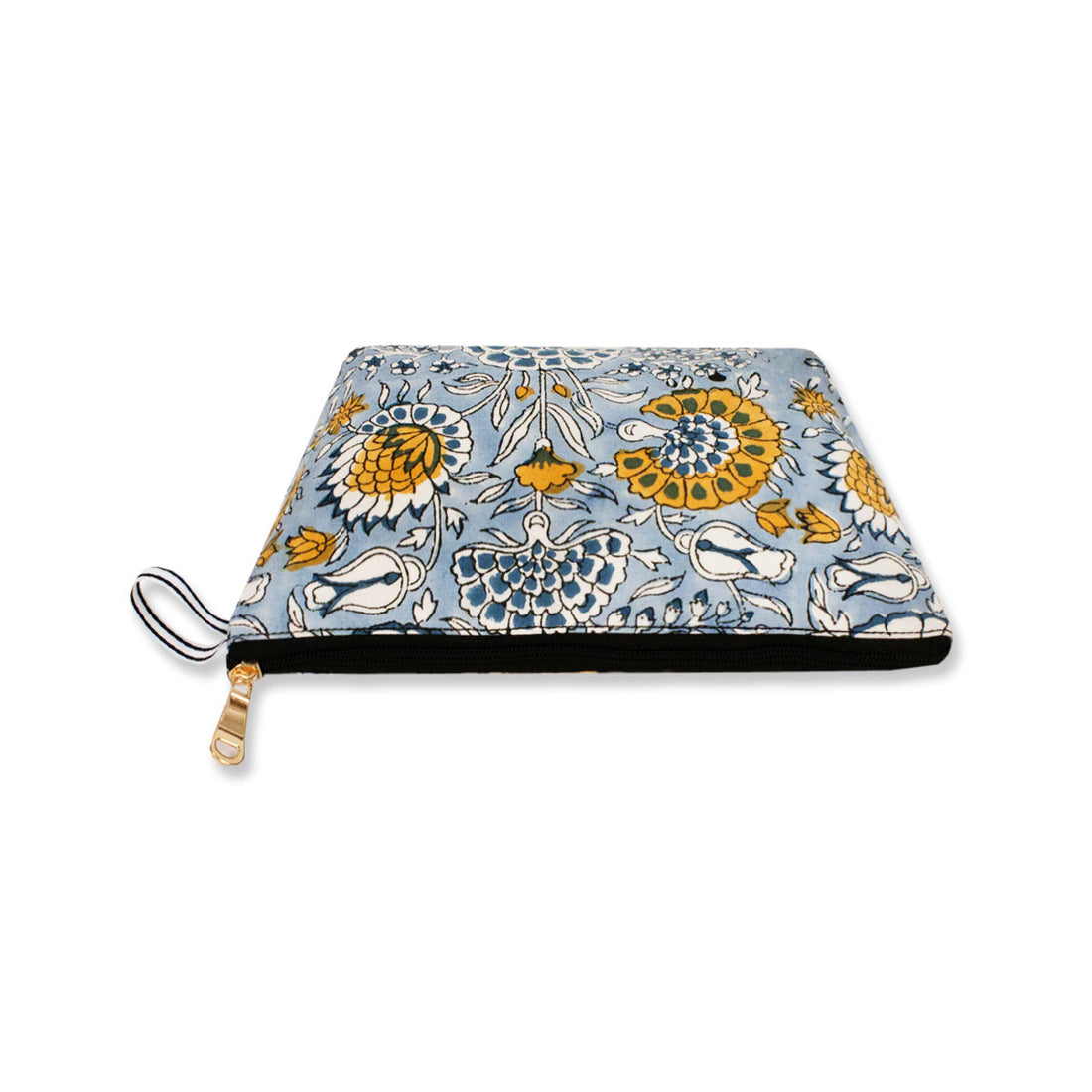 Yellow Blue floral Block Printed Pouch